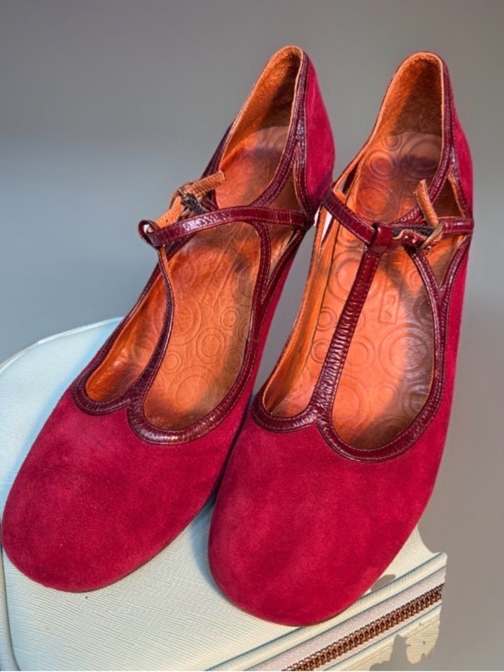 Chie Mihara Burgundy Suede T‑Strap Heels